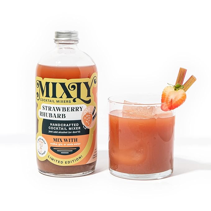 Mixly Strawberry Rhubarb Mixer Made with Fresh Squeezed Juice Ready to Drink Use with Vodka Gin Soda Water 16 oz.