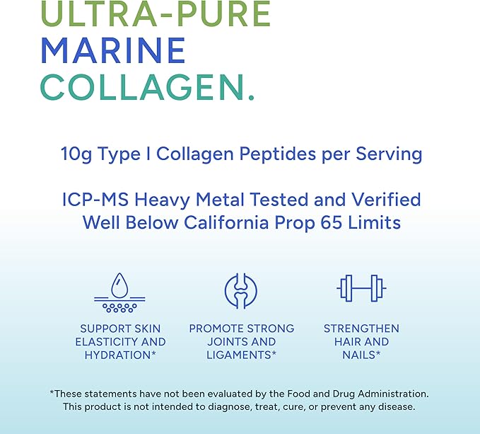 Hydrolyzed Marine Collagen Peptides - Made with Nippi Peptide® from Japan 10g Type I Collagen Per Serving Supports Skin Hair Joint and Bone Health Lab Tested - 30 Serving Jar
