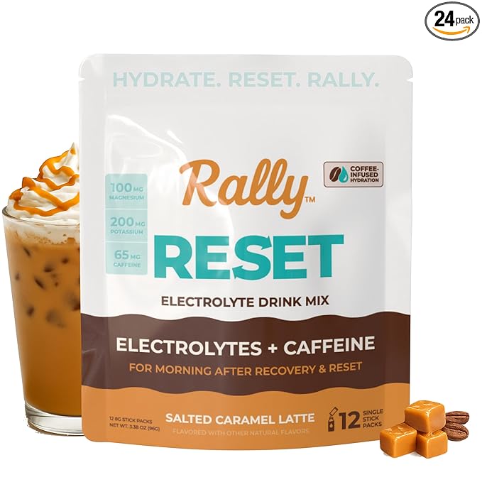 Rally Reset Instant Coffee Packets – Salted Caramel Latte Mix with MCT Oil Caffeine Vitamin B12 &amp Vitamin C – Functional Single-Serve Coffee Sticks Low Sugar | 24 Sticks
