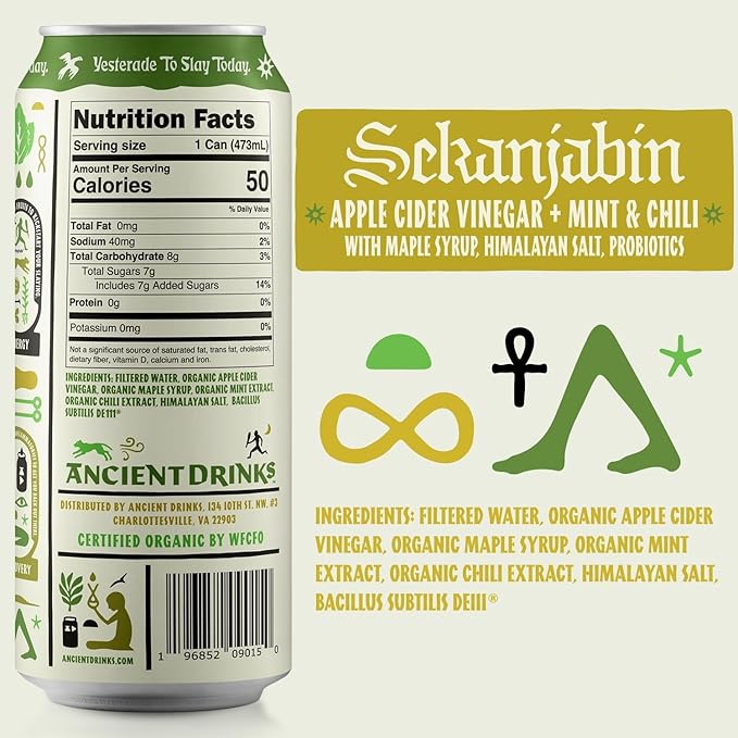 ANCIENT DRINKS Sekanjabin Apple Cider Vinegar Hydration Drink – Organic Electrolyte ACV Beverage with Probiotics – Ancient Persian Inspired Mint &amp Honey Vinegar Drink – 16 oz Cans 12 Pack