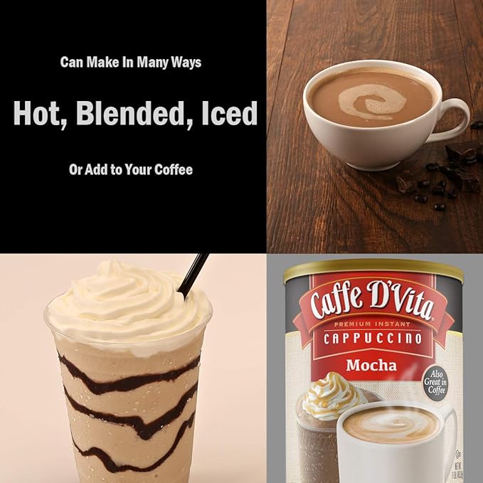 Caffe D'Vita Mocha Cappuccino - Instant Powder Coffee Mix Gluten Free No Cholesterol No Hydrogenated Oils No Trans Fat 99% Caffeine Free - 1 Lb Can