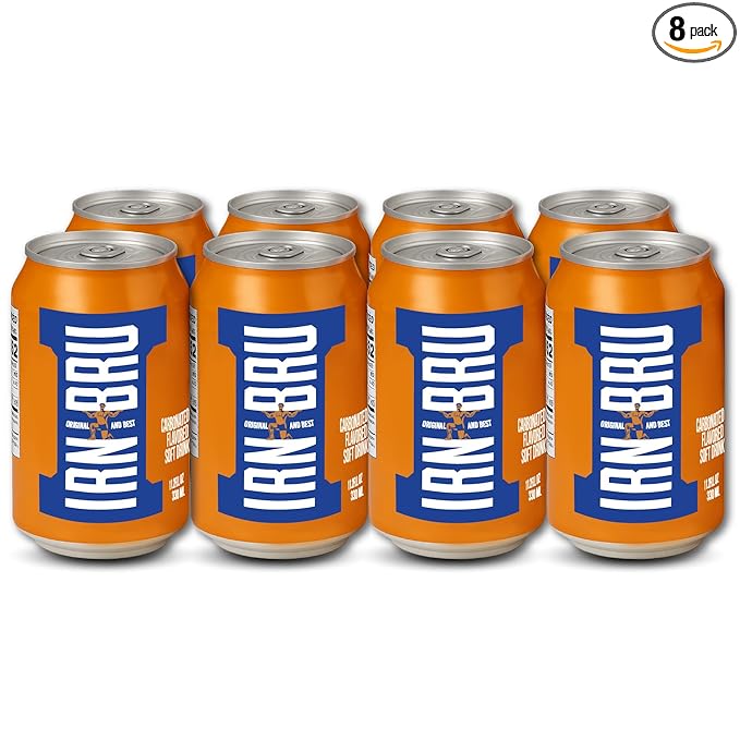 IRN-BRU Original Scottish Sparkling Soda Citrus Flavored Carbonated Drink - Sparkling Flavored Soft Drink 32 Flavor Recipe 11.1 fl oz Cans Pack of 8