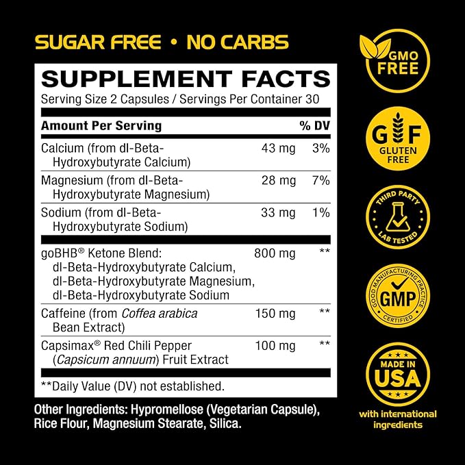 Lipo Burn Keto BHB Exogenous Ketones Supplement - BHB Science Keto Diet Pills with Capsimax and Caffeine for Natural Energy Focus Body Sculpting &amp Ketosis Support - Vegetarian &amp Non-GMO (1 Mon