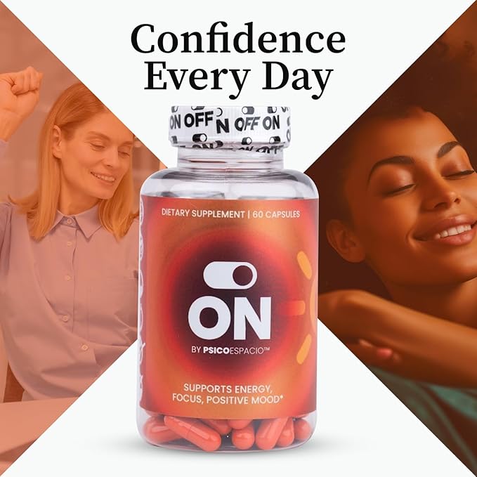 ON by Psicóespacio Dietary Nutritional Supplement All day Energy Pills for Adults Natural Energy Supplement Supports Energy Focus and Positive Mood (60 count Pack of 1)