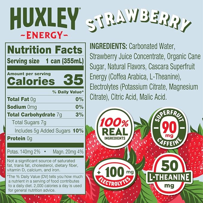 Huxley Superfruit Energy Drink Strawberry 90mg Natural Caffeine Electrolytes for Hydration 100% Real Ingredients 5g Organic Cane Sugar No Artificial Sweeteners or Flavors L-theanine for Sustain
