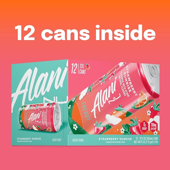 Alani Nu STRAWBERRY SUNRISE Sugar Free Low Calorie Energy Drinks 200mg Caffeine Biotin B Vitamins Zero Sugar 10 Calories 12 Fl Oz Cans 12 Pack