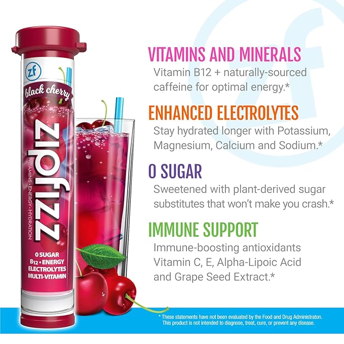 Zipfizz Energy Drink Mix Electrolyte Hydration Powder with B12 and Multi Vitamin Black Cherry 20 Count (Pack of 2)
