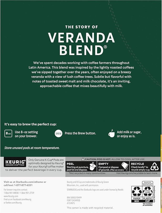 Starbucks K-Cup Coffee Pods Starbucks Blonde Roast Hot or Iced Coffee Veranda Blend 96 Keurig Pods
