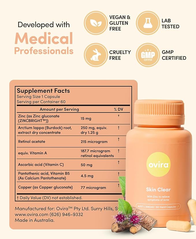 Ovira Skin Clear with ZINCBRIGHT - 60 Capsules for Clear &amp Glowing Skin | Rosacea &amp Hormonal Acne Treatment with Vitamin C | Support Collagen Production | Acne Supplements for Women &amp Men