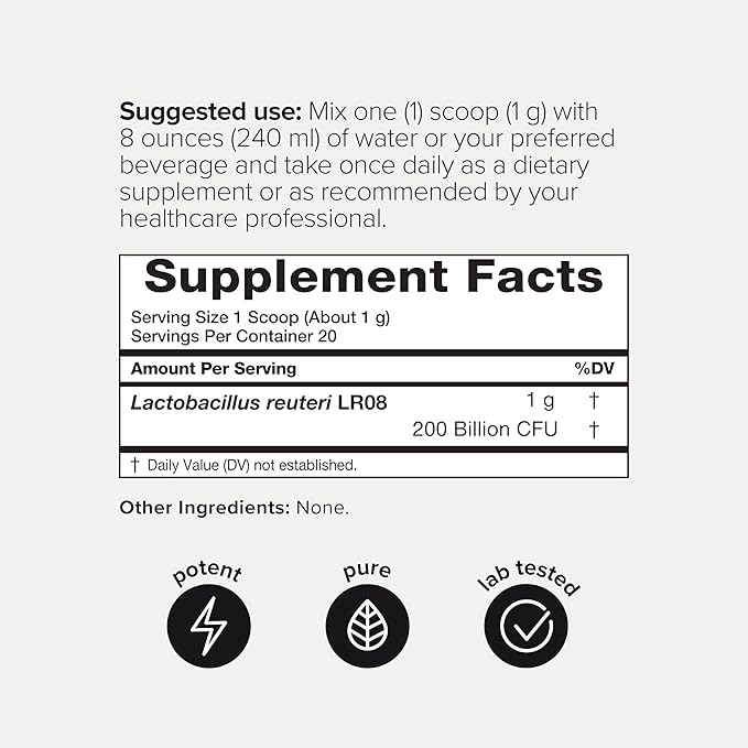 Lactobacillus Reuteri Powder – Ultra High Strength 200 Billion CFU Probiotic L Reuteri Supplement and Yogurt Starter – Third Party Tested Pure Single-Strain– Shelf-Stable – 20g