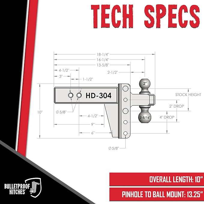 BulletProof Hitches - 3.0 Adjustable Heavy Duty Trailer Hitch (22000 lb. Rating) - 4 Drop/Rise Trailer Hitch with 2 &amp 2-5/16 Dual Ball - Powder Coat Solid Steel Corrosion-Resistant