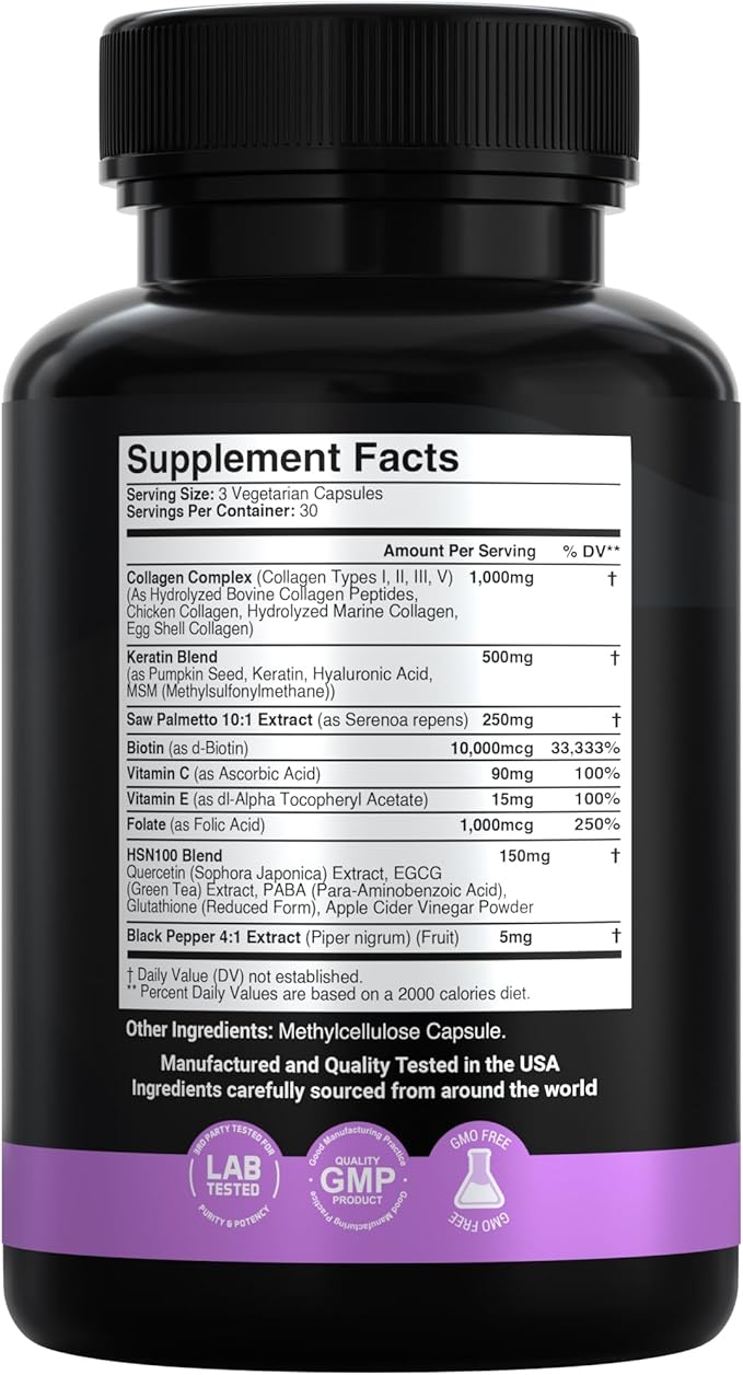 X Gold Health Collagen Complex Types I II III V Biotin 10000 mcg Keratin Hyaluronic Acid Saw Palmetto Vitamins C &amp E Advanced HSN Formula for Men &amp Women 90 Vegan Capsules