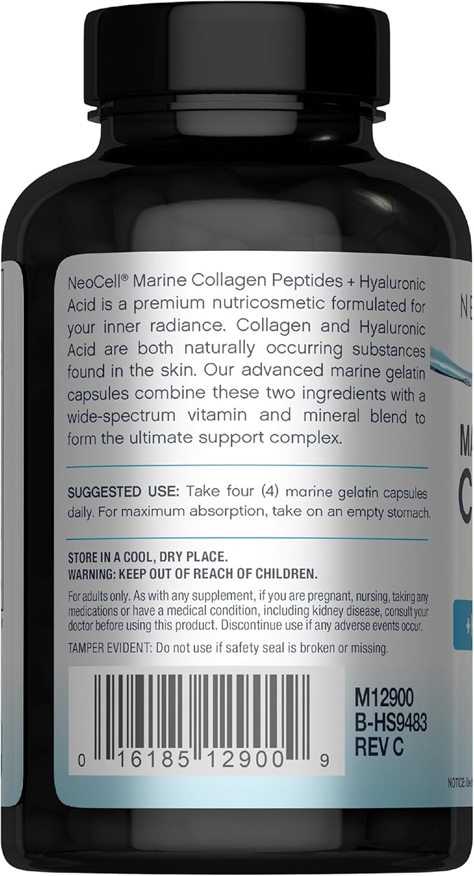 NeoCell Marine Collagen Peptides Capsules | 120 Pills | with Hyaluronic Acid | Plus Vitamin C | for Women and Men
