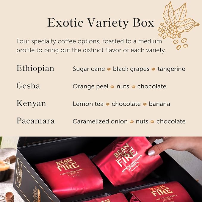 Bean of Fire Exotic Variety Box - Medium Roast Specialty Ground Coffee Gift Set 4 Premium Single-Origin Coffees from El Salvador Luxury Gourmet Coffee 48 oz