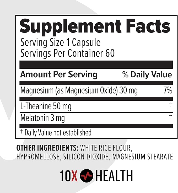 10X Health Sleep Supplements for Adults - 60 Capsules - Melatonin 3mg L Theanine Magnesium Supplement Magnesium Oxide for Deep Better Rest &amp Relaxation - 3-in-1 Natural Sleep Support