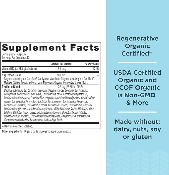 Ancient Nutrition Regenerative Organic Certified Probiotics Daily Probiotics Once Daily Healthy Digestion and Immune System Function Support 25 Billion CFUs* Per Serving 30 Count