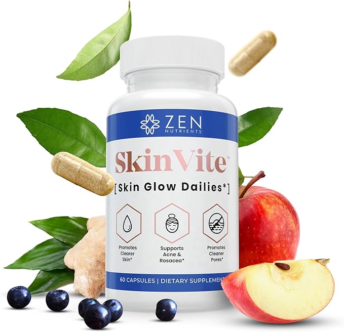 Zen Nutrients SkinVite Natural Skin Supplement for Women Men &amp Teens - Hormonal Breakouts &amp Clear Skin Support Supplement - Detoxifying Vitamin for Acne and Digestion Support
