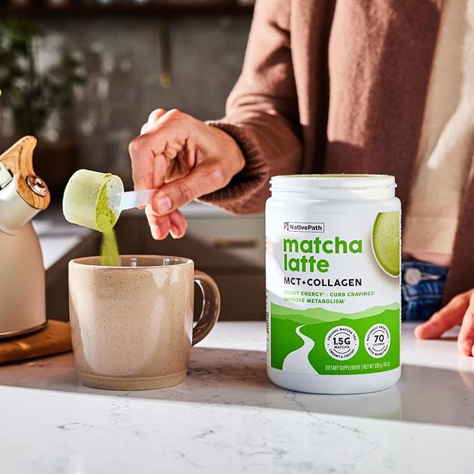NativePath Matcha Latte Collagen Peptides with MCT Oil - 10g Grass-Fed Collagen &amp Organic Matcha for Energy &amp Focus - Keto No Gluten or Dairy (8.1 oz)