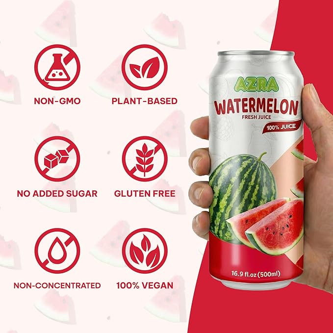 AZRA 100% Watermelon Juice – Fresh Fruit Juice in 500ml Cans (Pack of 12) – Zero Sugar Drinks Healthy Beverages Variety Pack for Kids and Adults – 100% Juice Bulk Drinks