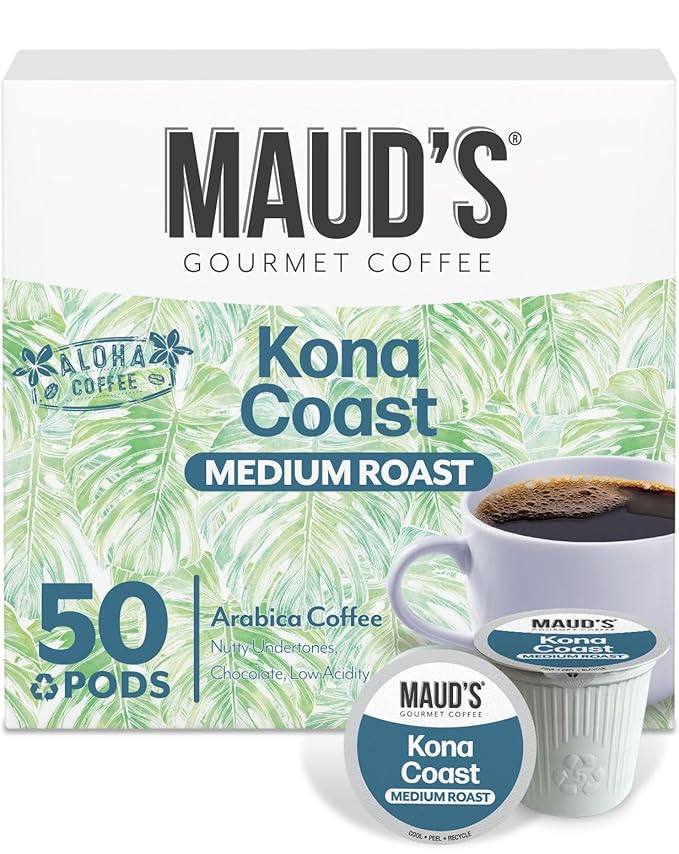 Maud's Kona Coffee Pods 50ct Medium Roast Coffee in Single Serve Pods – 100% Arabica Coffee Compatible with Keurig K Cups Maker