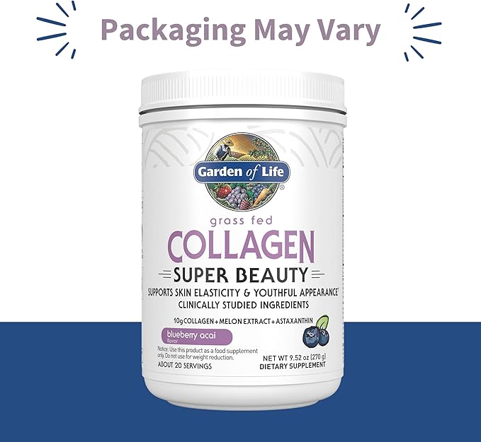 Garden of Life Grass Fed Collagen Powder Blueberry Acai Hydrolyzed Collagen Peptides Powder Supplement Drink Mix 20 Servings