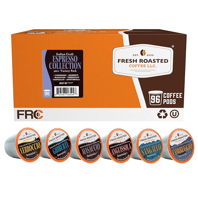 Fresh Roasted Coffee Italian Craft Coffee Variety Pack Artisan Blend Dark Roast Kosher 96 Pods for K cup Brewers
