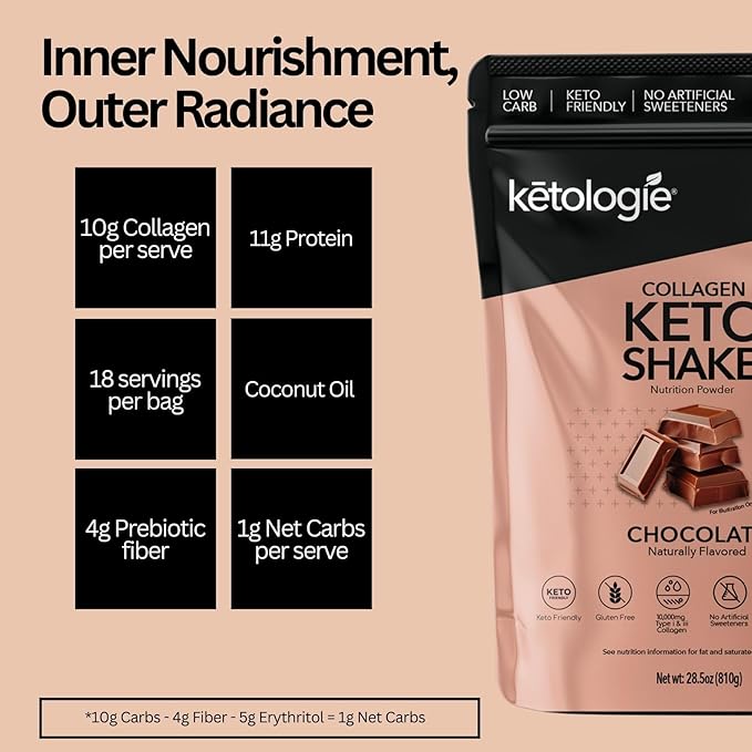 Keto Collagen Shake (Chocolate) - with Coconut Oil Prebiotics Grass Fed Hydrolyzed Collagen Peptides Type I &amp III Low Carb Gluten Free1.78lbs. (810g)
