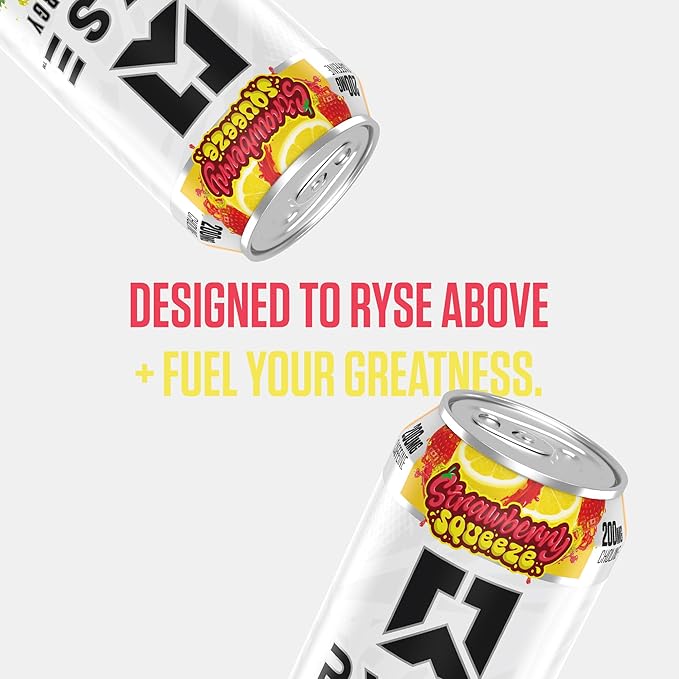 RYSE Fuel Energy Drink - Strawberry Squeeze - Sugar Free Gluten Free &amp Vegan - 200mg Natural Caffeine Taurine &amp Choline for Focus &amp Energy - No Artificial Colors - 16 fl oz Cans (12-Pack
