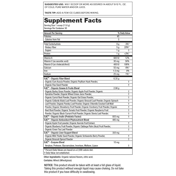 Purity Products Certified Organic Juice Cleanse OJC Plus Berry Surprise - 30+ Organic Veggies and Fruits - 5 Grams of Fiber - Promotes Energy and Digestive Function - 12.28 oz - 348 g - 30 Servings