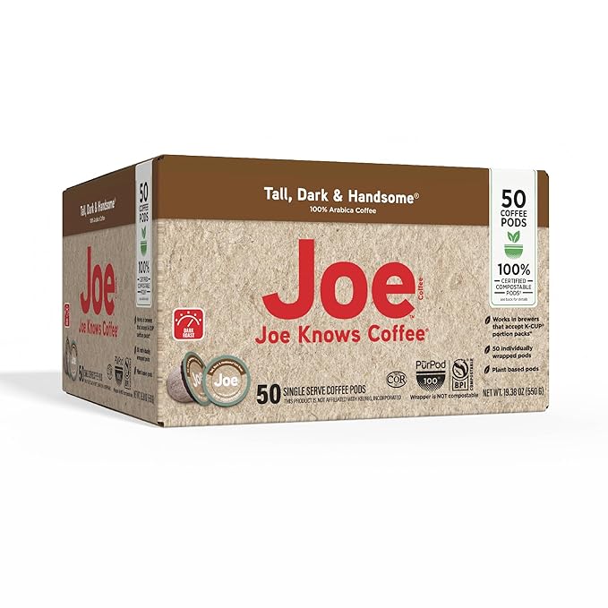 Joe Knows Coffee Tall Dark &amp Handsome – 50 Count Compostable Dark Roast Coffee Pods | Bold &amp Rich Flavor | Compatible With K-Cup Brewers | Eco-Friendly | Kosher | Gluten-Free