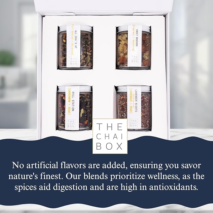 The Chai Box Ultimate Tea Lover's Gift Set - Featured in Oprah's Favorite Things | Caffeinated and Caffeine Free Loose-Leaf Tea Gift Box (Pack of 4) 10 oz | Small Batch Assorted Tea Sampler with Whole