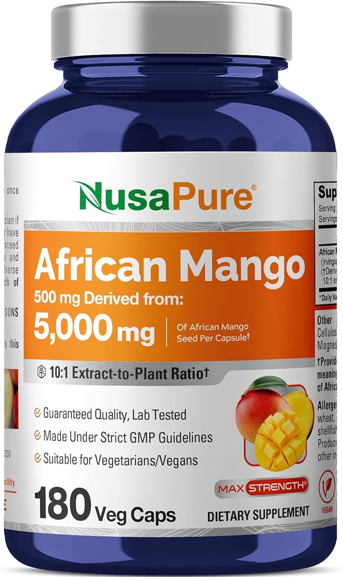 NusaPure African Mango 10:1 Extract 500 mg Equivalent to 5000 mg per Veggie Caps 180 Capsules (Non-GMO Vegan)