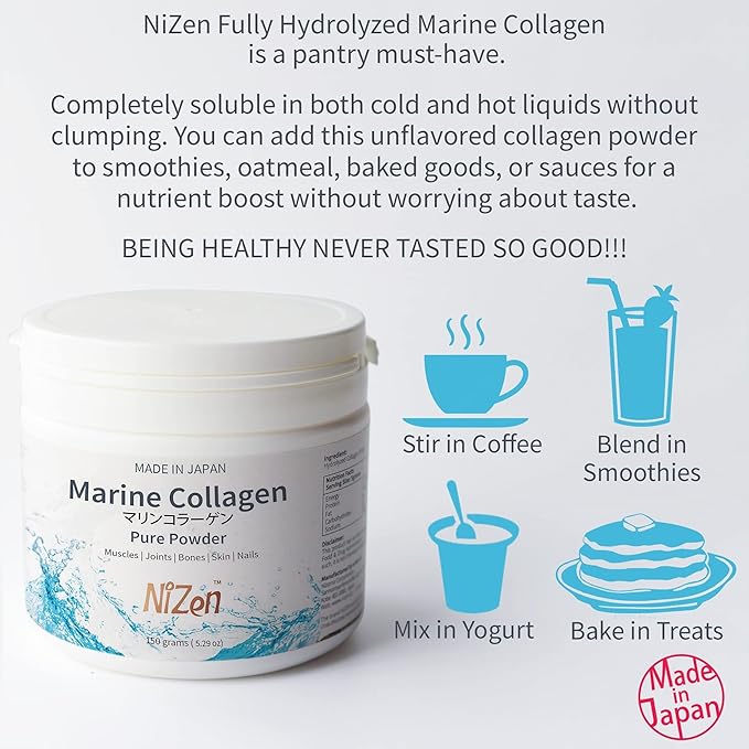Nizen Marine Collagen Pure Powder Hydrolyzed Peptides Easy-to-Digest Amino Acids Supplement. Unflavored. Non-Clumping. Made in Japan. 5.29oz