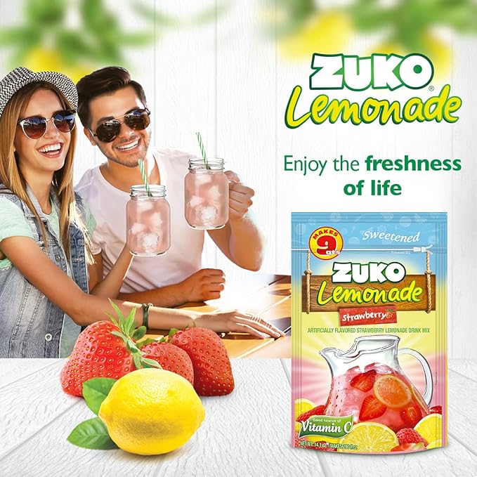 Zuko Strawberry Lemonade Instant Powder Drink | Family Pack | No Sugar Needed | Vitamin C | 14.1 Ounce (Pack of 6)