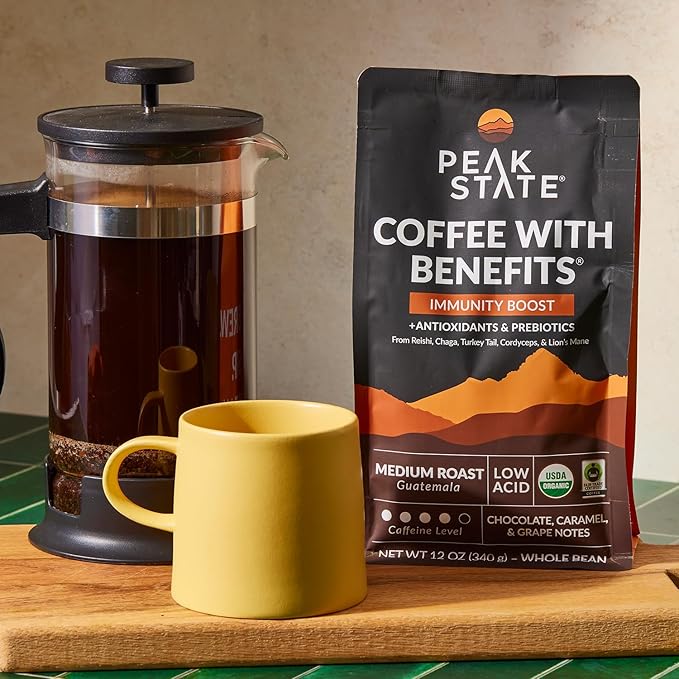 Peak State Immunity Boost Medium Roast – Organic Mushroom Coffee Low Acid &amp Smooth Dark Chocolate &amp Sweet Grape Notes Whole Bean Gluten Free 12 oz (2 Pack)