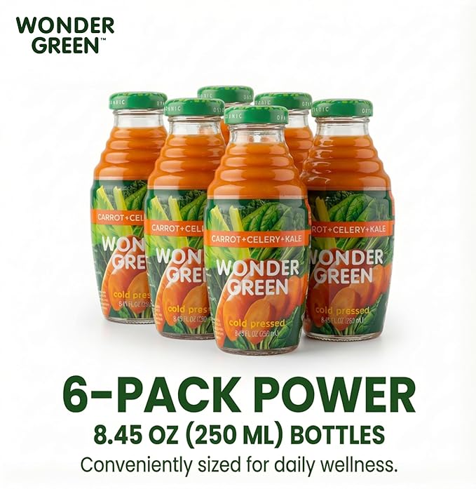 Wonder Green 100% Organic Carrot Celery &amp Kale Cold Pressed Juice 8.45 oz (6 Pack) | Vegetable Juice Blend All Natural No Additives or Preservatives Not from Concentrate