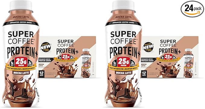 SUPER COFFEE Protein+ Keto Protein Coffee (0g Added Sugar 25g Protein 150 Calories) [Mocha] 12 Fl Oz 24 Pack | Iced Smart Coffee Drinks