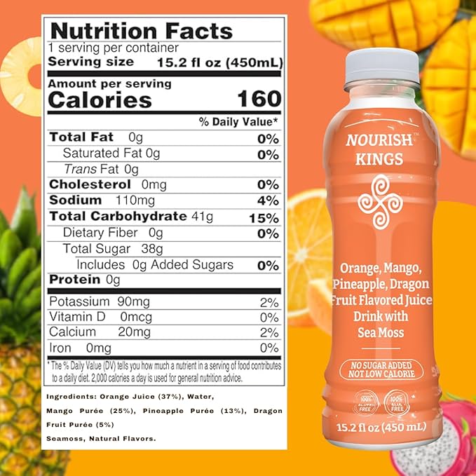 Nourish Kings- Sea Moss drink with Dragon Fruit Mango Pineapple and Orange Juice No Added Sugars or Preservatives 12 pack of 15.2 Fl oz Bottles