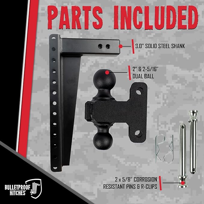 BulletProof Hitches - 3.0 Adjustable Heavy Duty Trailer Hitch (22000 lb. Rating) - 20 Drop/Rise Trailer Hitch with 2 &amp 2-5/16 Dual Ball - Powder Coat Solid Steel Corrosion-Resistant