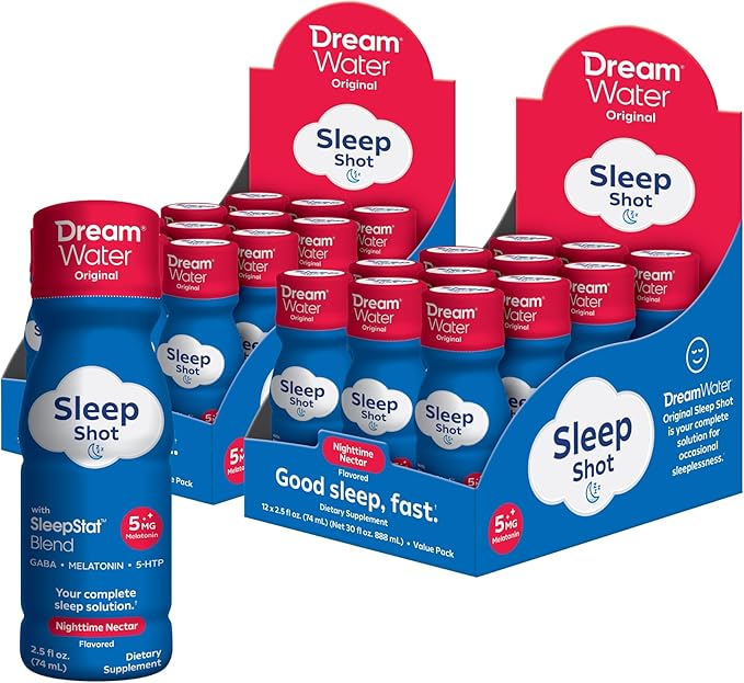 Dream Water Sleep Aid Supplement Drink Melatonin 5mg GABA 5-HTP Zero sugar Natural flavors No added colors 2.5 oz liquid sleep shots Nighttime Nectar 24-Count