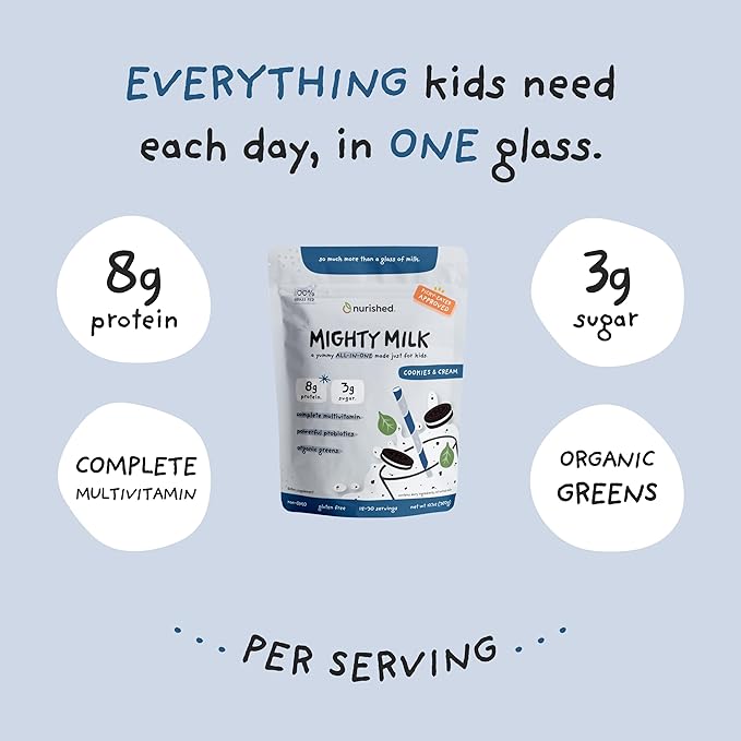 Cookies &amp Cream Mighty Milk - Kids All-in-One Daily Protein Powder &amp Multivitamin with Probiotics &amp Organic Spinach - Natural Flavors Colors &amp Sweeteners - 15-30 Servings