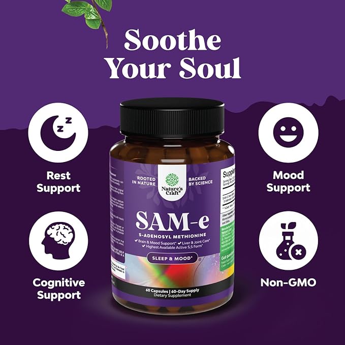 Sam-E 200mg Mood Support Supplement - S-Adenosyl Methionine Sam-E Supplement for Natural Relaxing Mood Boost Brain Support and Liver Detox Cleanse - Vegan Non-GMO and Gluten Free - 60 Count - 2 Pack