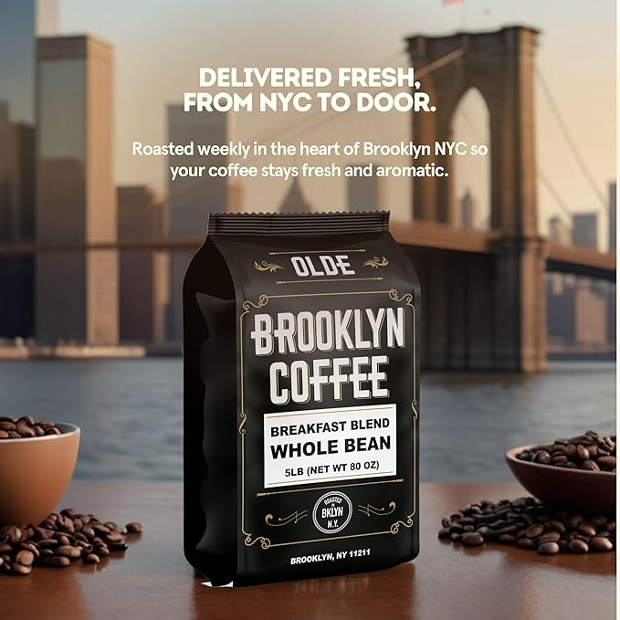 BROOKLYN COFFEE Whole Bean Breakfast Blend Light Medium Roast (5lb) Delicate Smooth Low Acidity - Fresh Bulk Coffee Beans Roasted Weekly in NYC