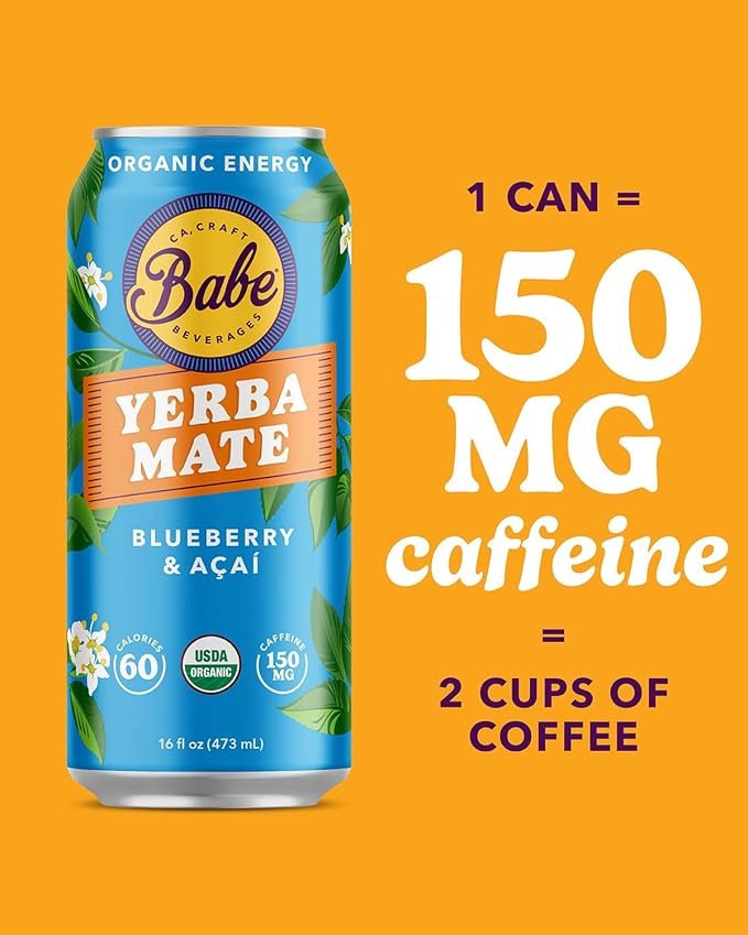 Babe Organic Yerba Mate Energy Drinks | 150mg Plant-Based Caffeine | Natural Yerba Mate Tea with No Crash No Jitters - Sample Pack (6 x 16oz Cans)