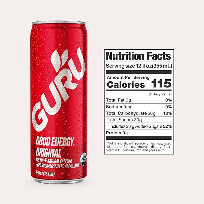 GURU Original Organic Energy Drinks Clean Energy Drink with Plant Based Natural Caffeine from Green Tea Gluten Free and Vegan 140MG Caffeine Healthy Drinks 12oz (Pack of 24)