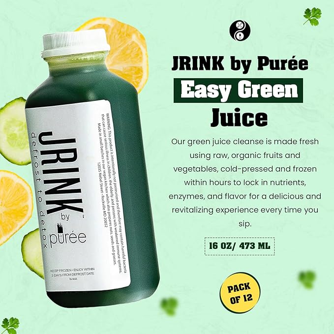 JRINK by Purée Easy Green Juice Cold Pressed Organic Fruit and Vegetable Blend Detox Cleanse Healthy Raw Greens Drink No Preservatives Juice Cleanse 16oz HDPE Bottles Pack of 12