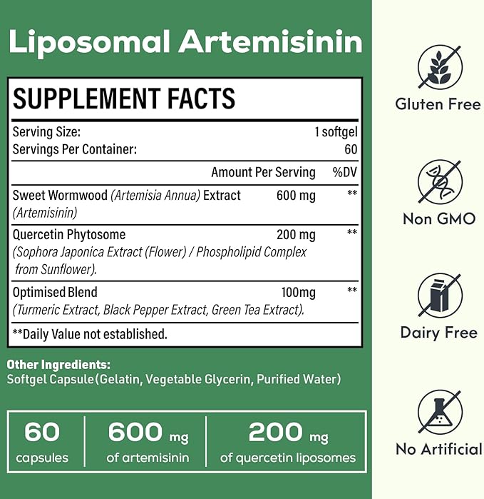 900 mg Liposomal Artemisinin for Maximum Absorption Sweet Wormwood Extract(Artemisia Annua) with Quercetin Phytosome 200 mg 120 Softgels