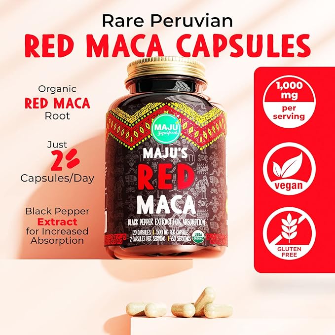 Maju Superfoods Organic Red Maca Root Capsules 120ct - Women Focused Curve Enhancement Nutrition Booster Pills Gain for Thighs Powder in Pill Supplement