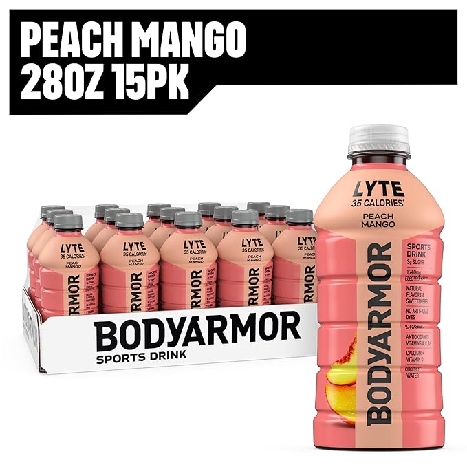 BODYARMOR LYTE Peach Mango Electrolyte Drink 35 Calories 28 Fl Oz Bottles (15 Pack) Coconut Water Sports Drink Natural Flavor &amp B Vitamins