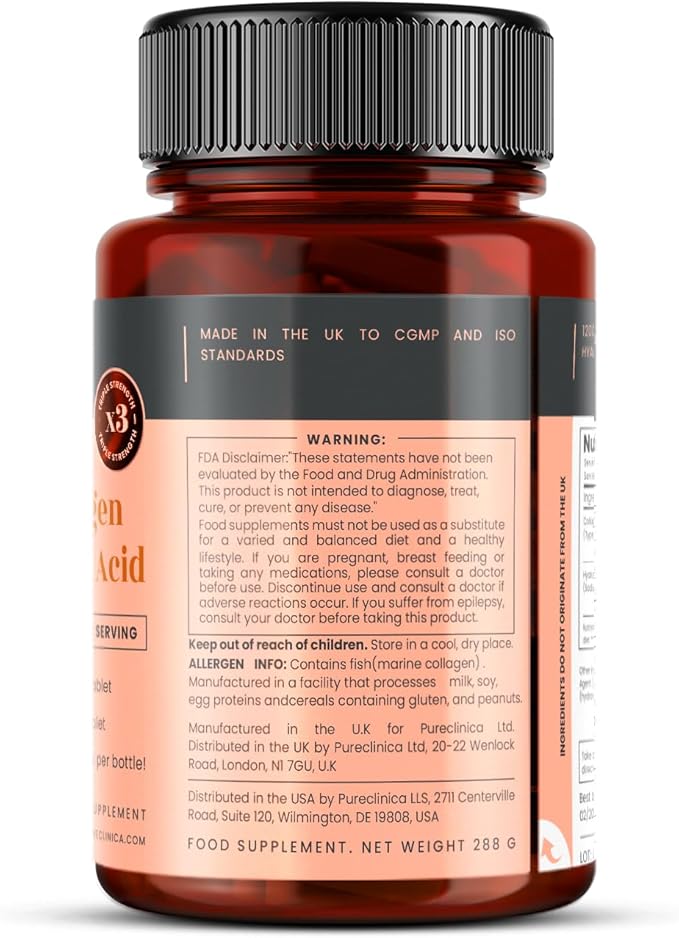 pureclinica Triple Strength Marine Collagen &amp Hyaluronic Acid – 1500mg per Tablet | 720 Tablets (4 Bottles of 180) | Supports Skin Joints &amp Hydration